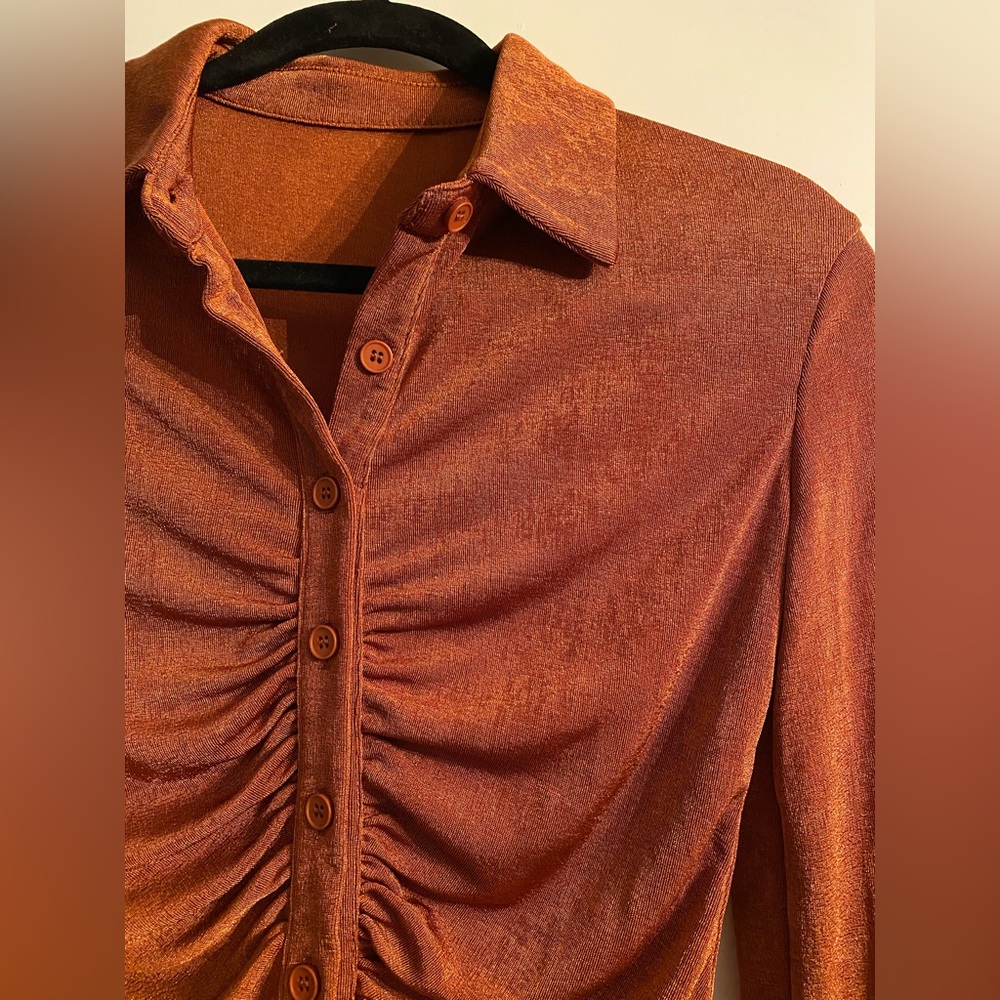 Burnt Orange Ruched Ruffle Button Down - Picture 3 of 4